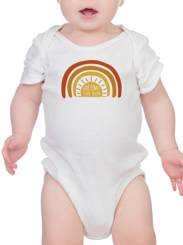 Baby bodysuit with a bright sun and rays print from Start2Finish by SmartPrintsInk Designs, featuring cheerful sun illustrations.