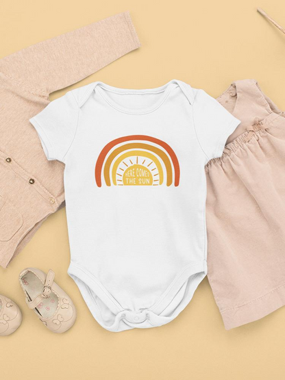 Bright sun with rays baby bodysuit by Start2Finish, featuring cheerful sun graphic and soft fabric for comfortable wear.