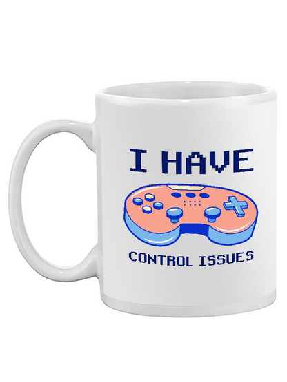 White ceramic "I Have Control Issues" mug from Start2Finish, featuring black text and a sleek home decor design.