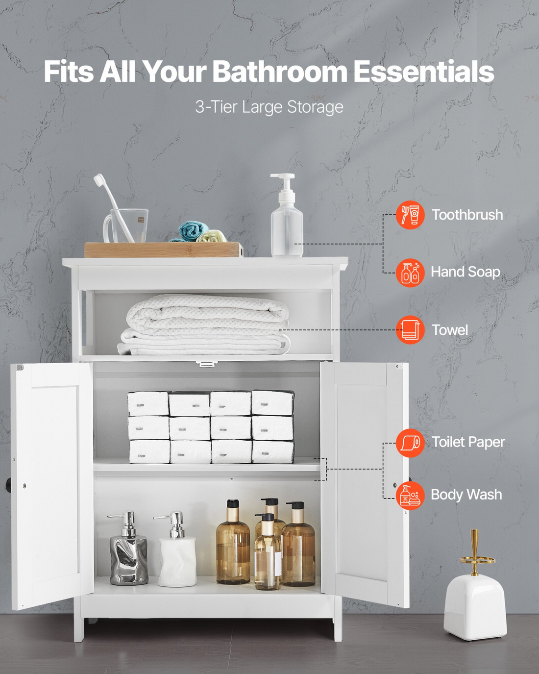 White VEVOR 3-tier wooden bathroom floor cabinet with two doors and adjustable shelf, ideal for bathroom, kitchen, or entryway storage.