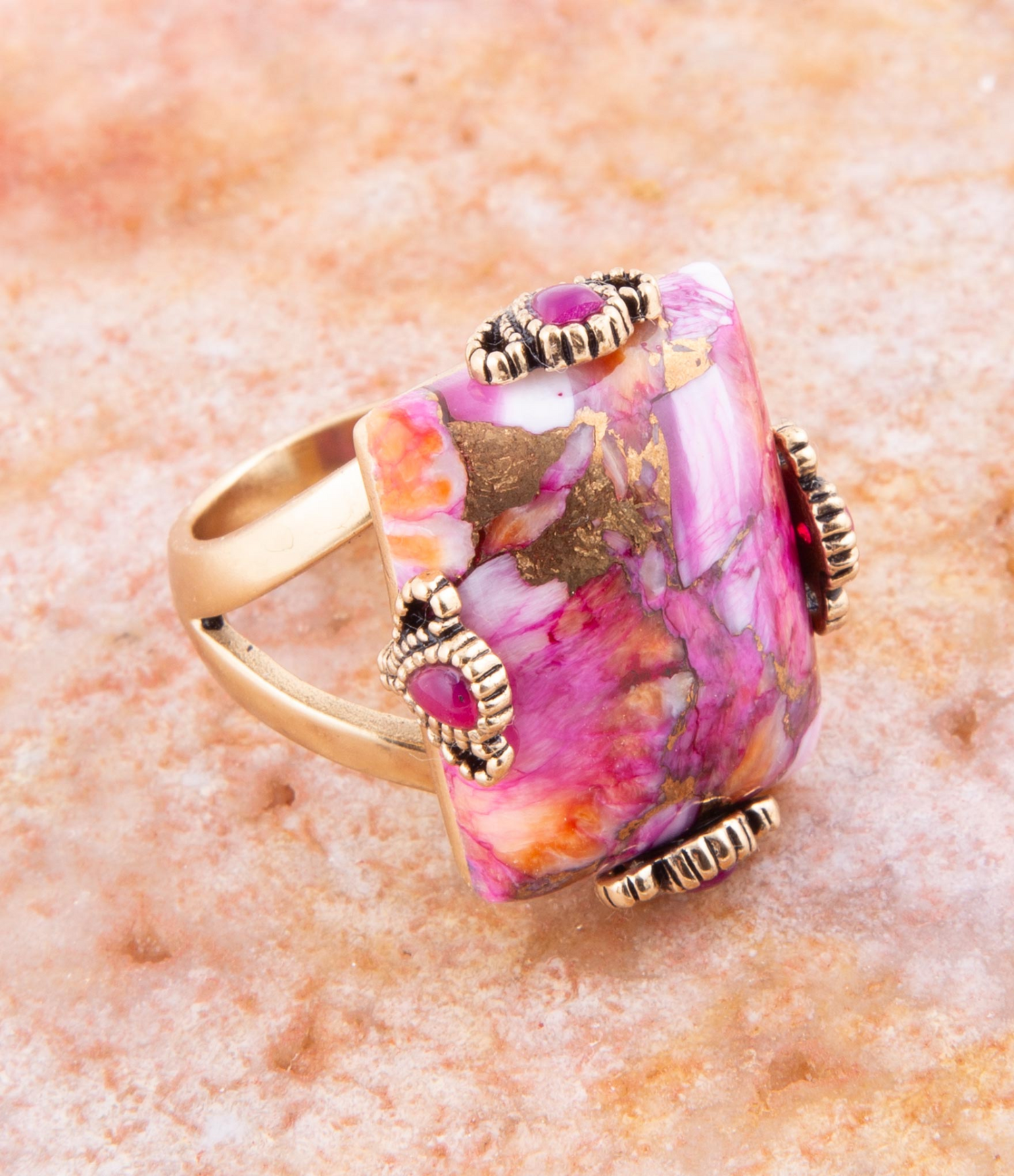 Prismatic pink spiny oyster matrix statement ring, jewelry piece with colorful gemstone design, by Start2Finish.