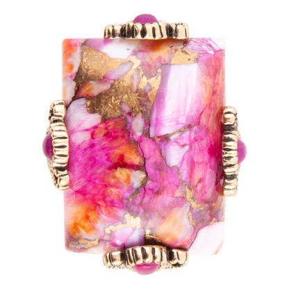 Prismatic pink spiny oyster matrix statement ring, bold jewelry piece with colorful gemstone design, by Start2Finish.