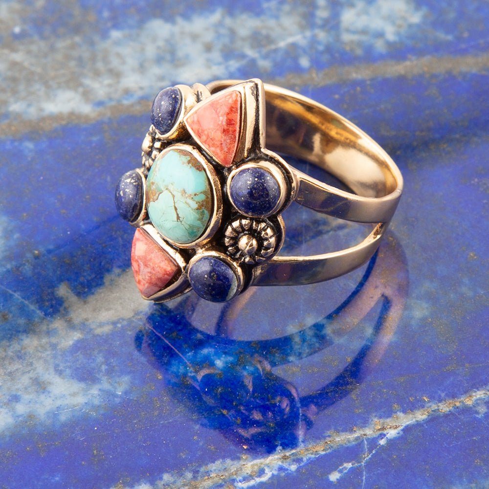 Start2Finish blue turquoise and colorful multi-stone gold statement ring showcasing vibrant stones and intricate design.