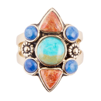 Start2Finish blue turquoise and colorful multi-stone gold statement ring showcasing vibrant stones and intricate design.