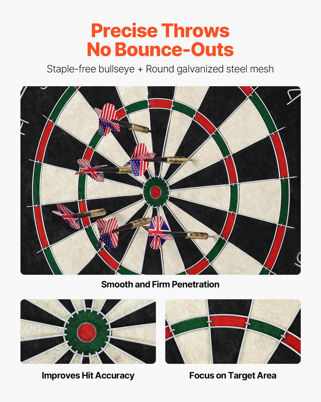 Start2Finish VEVOR dartboard with 6 darts, self-healing sisal fibers, staple-free bullseye, and rotating number ring for home games.