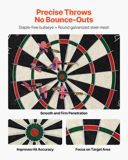 Start2Finish VEVOR dartboard with 6 darts, self-healing sisal fibers, staple-free bullseye, and rotating number ring for home games.