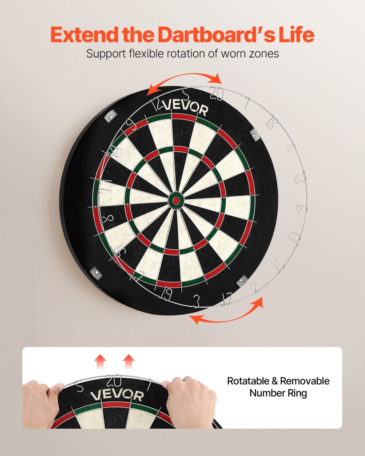 Start2Finish VEVOR dartboard with 6 darts, scoring kit, self-healing sisal fibers, staple-free bullseye, and rotating number ring.