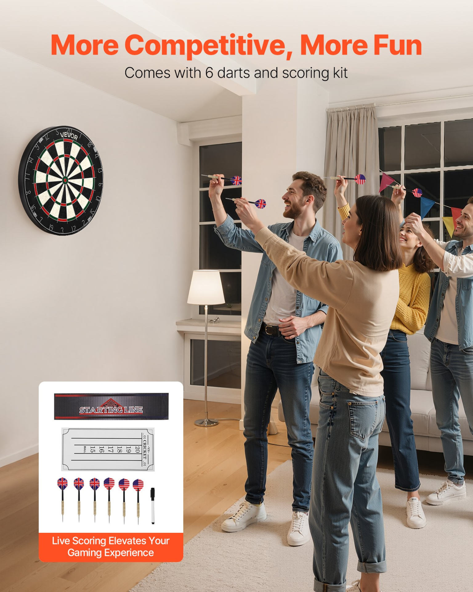 Start2Finish VEVOR dartboard with 6 darts, scoring kit, self-healing sisal fibers, staple-free bullseye, and rotating number ring.