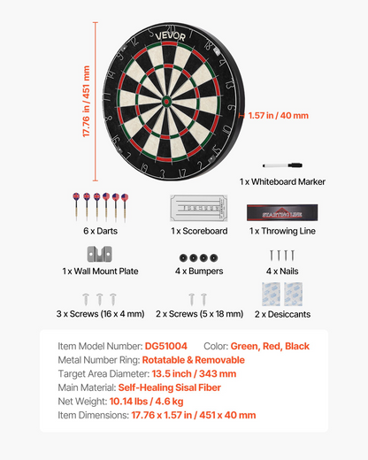 Start2Finish VEVOR dartboard with 6 darts, scoring kit, self-healing sisal fibers, staple-free bullseye, and rotating number ring.