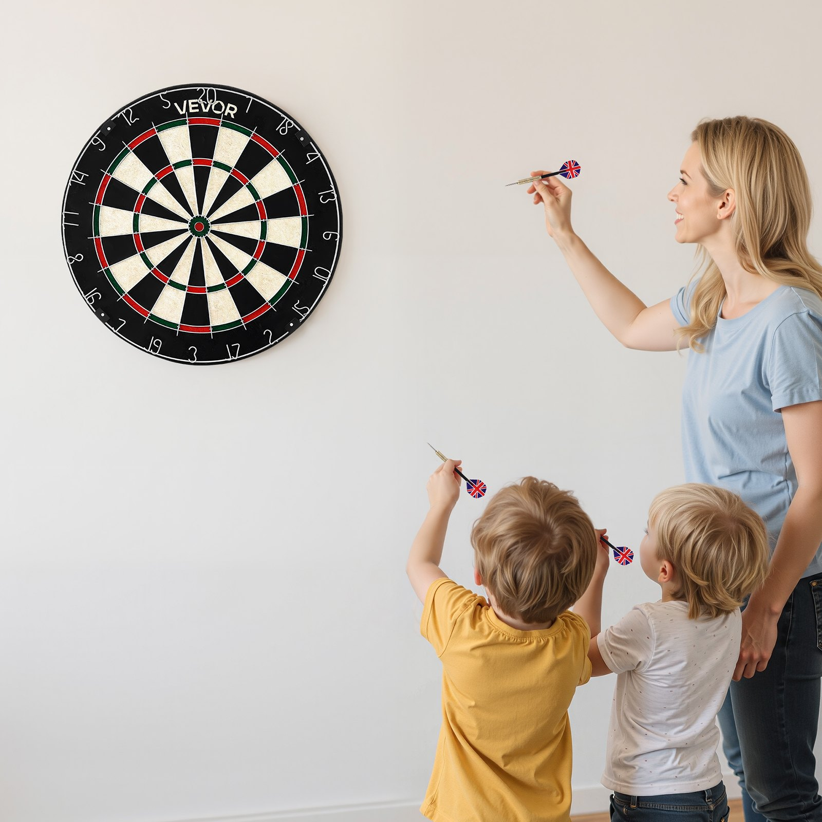 Start2Finish VEVOR dartboard with 6 darts, scoring kit, self-healing sisal fibers, staple-free bullseye, and rotating number ring.