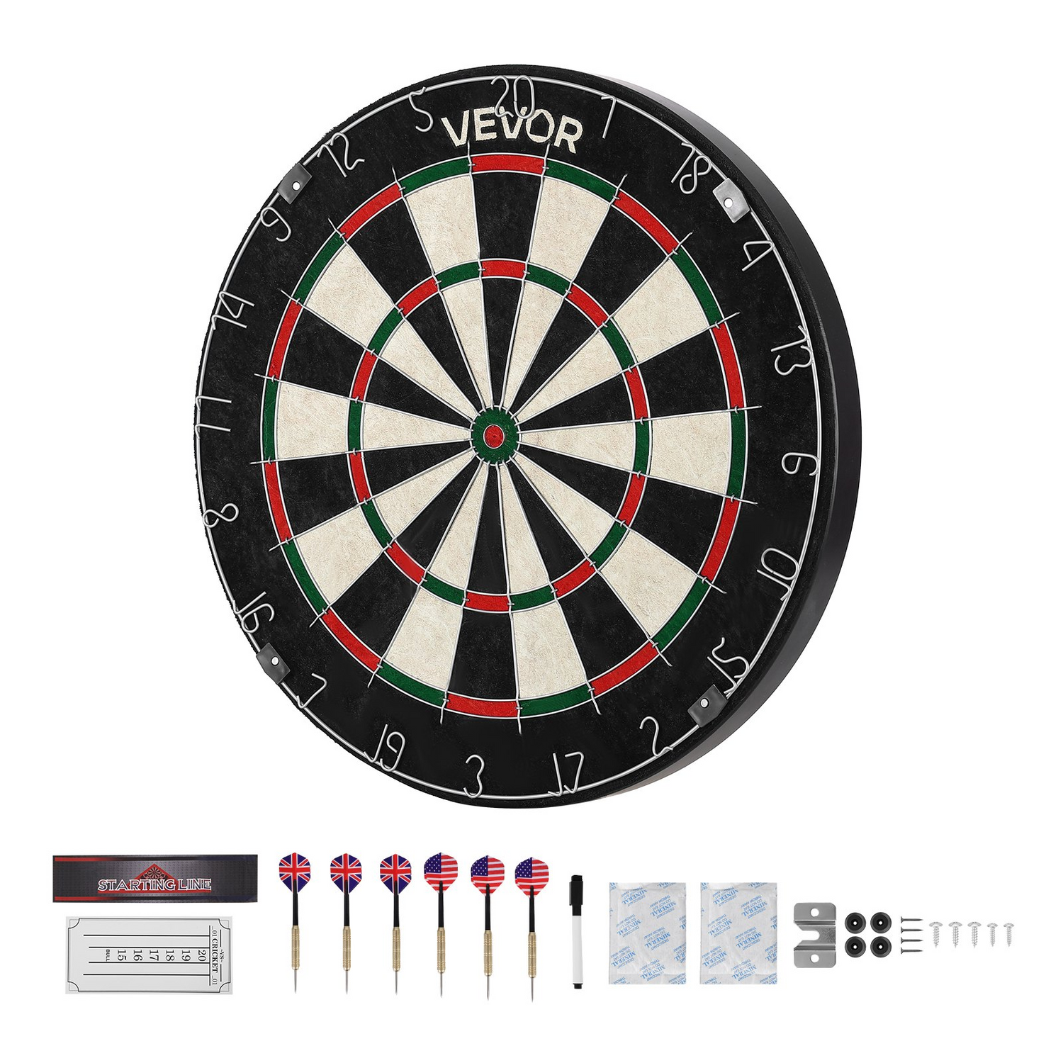 Start2Finish VEVOR dartboard with 6 darts, scoring kit, self-healing sisal fibers, staple-free bullseye, and rotating number ring.
