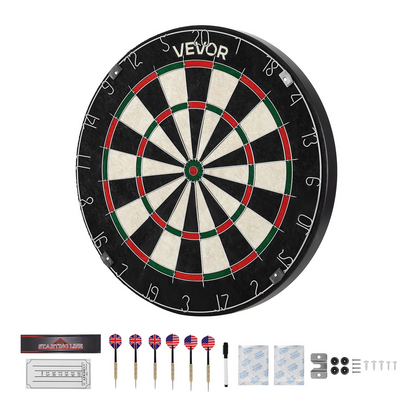 Start2Finish VEVOR dartboard with 6 darts, scoring kit, self-healing sisal fibers, staple-free bullseye, and rotating number ring.
