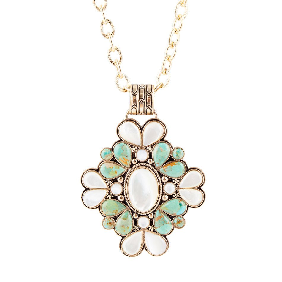 Barcelona blue turquoise and mother of pearl statement necklace featuring gold accents, crafted by Start2Finish jewelry brand.