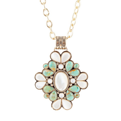 Barcelona blue turquoise and mother of pearl statement necklace featuring gold accents, crafted by Start2Finish jewelry brand.