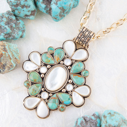 Start2Finish Barcelona blue turquoise and mother of pearl statement necklace with gold accents, showcasing intricate jewelry design.