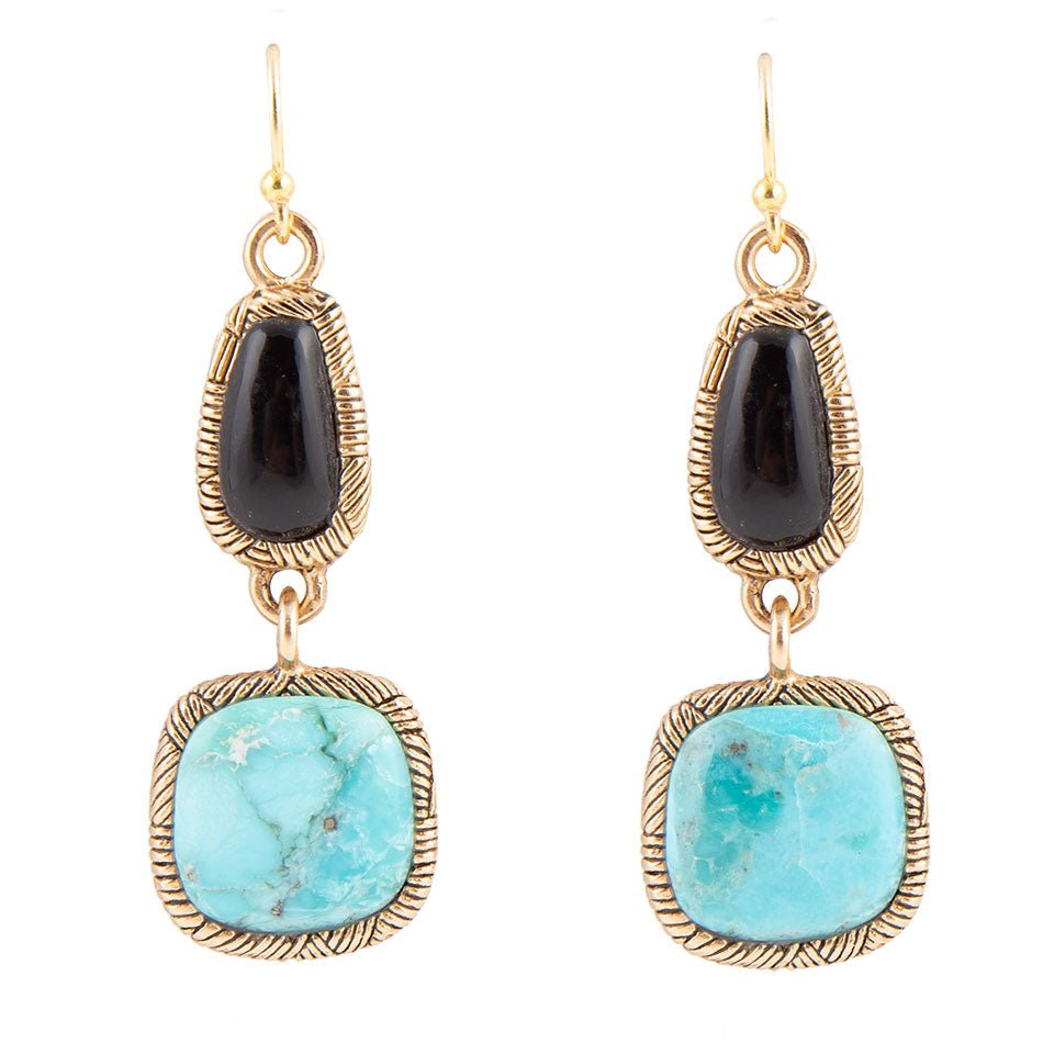 Black onyx and blue turquoise gold bronze drop earrings with intricate jewelry design and dangling gemstone accents.