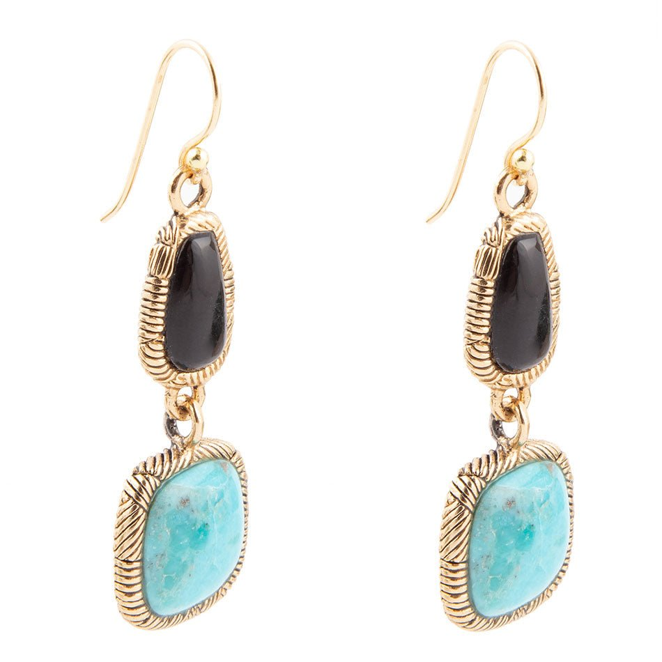 Black onyx and blue turquoise drop earrings with golden bronze accents, featuring intricate jewelry design and dangling gemstone details.