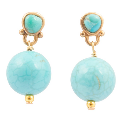 Blue turquoise and gold drop post earrings from Start2Finish featuring elegant jewelry design with vibrant stones and shiny metal.