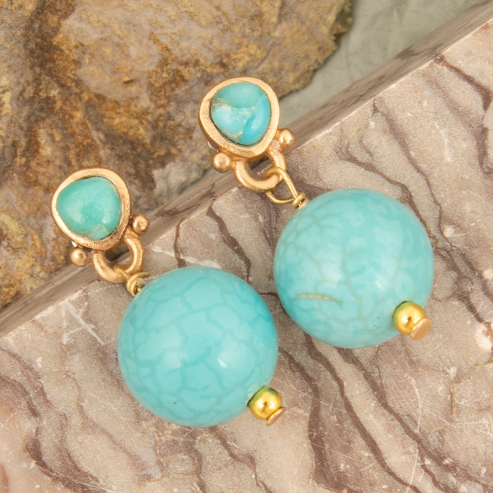 Blue turquoise and gold drop post earrings from Start2Finish featuring a jewelry design with vibrant blue stones and elegant gold accents.