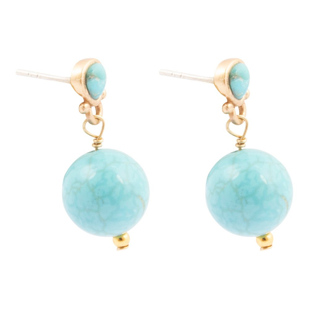 Blue turquoise and gold drop post earrings with intricate jewelry design by Start2Finish, featuring vibrant blue stones and elegant gold accents.