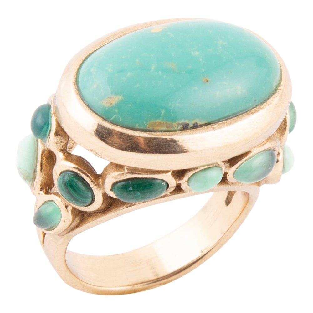 Start2Finish multi green stones golden statement ring featuring vibrant green gemstone accents and a bold gold band.