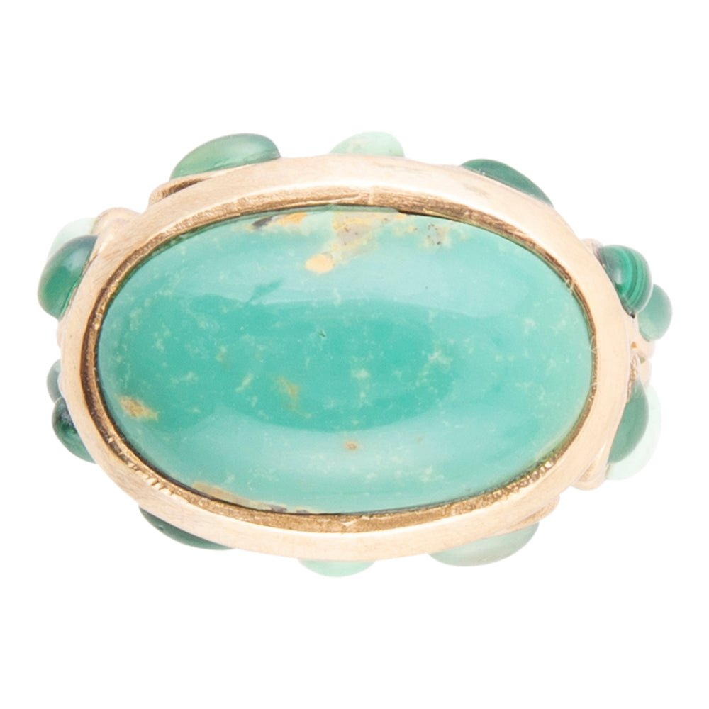 Start2Finish multi-green stone golden statement ring featuring vibrant green stones and a bold gold band, jewelry accessory.