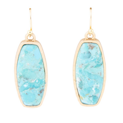 Start2Finish Odyssey long turquoise and golden statement earrings with intricate design and vibrant colors, jewelry accessory.