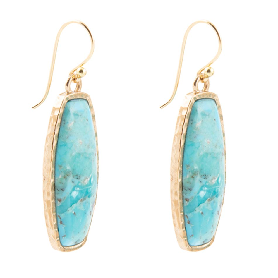 Odyssey long blue turquoise and golden statement earrings from Start2Finish jewelry, featuring vibrant blue stones and elegant gold accents.