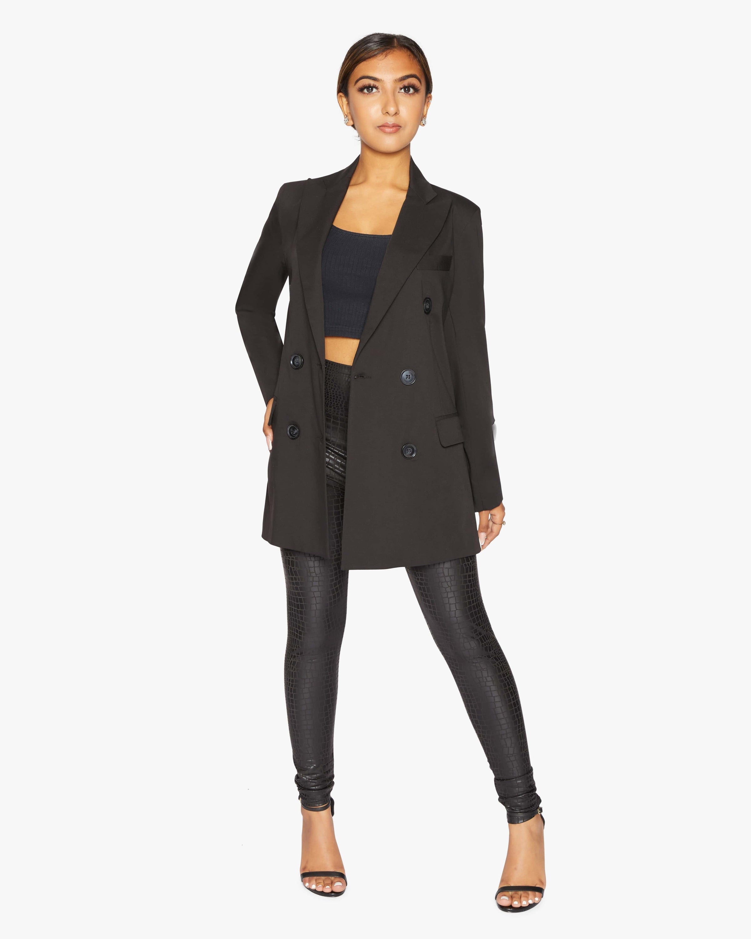 Black Jenna double-breasted blazer by Rose Eleusis, tailored fit, featuring classic lapels and structured design for a polished look.
