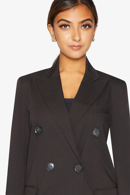Black Jenna double-breasted blazer from Rose Eleusis, stylish jacket with tailored fit and classic lapel design.