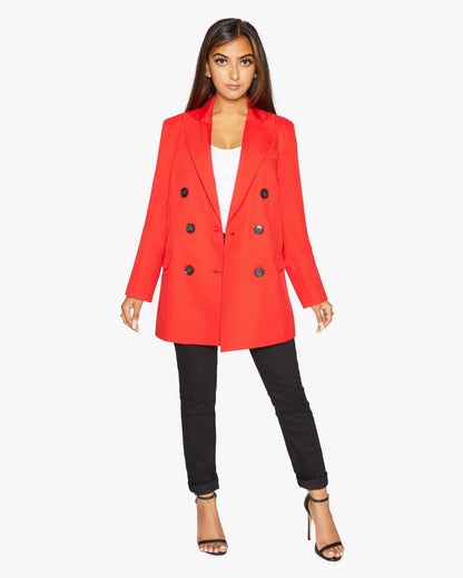 Rose Eleusis Jenna double-breasted blazer, stylish red jacket with tailored fit and classic lapel design, ideal for professional or casual wear.