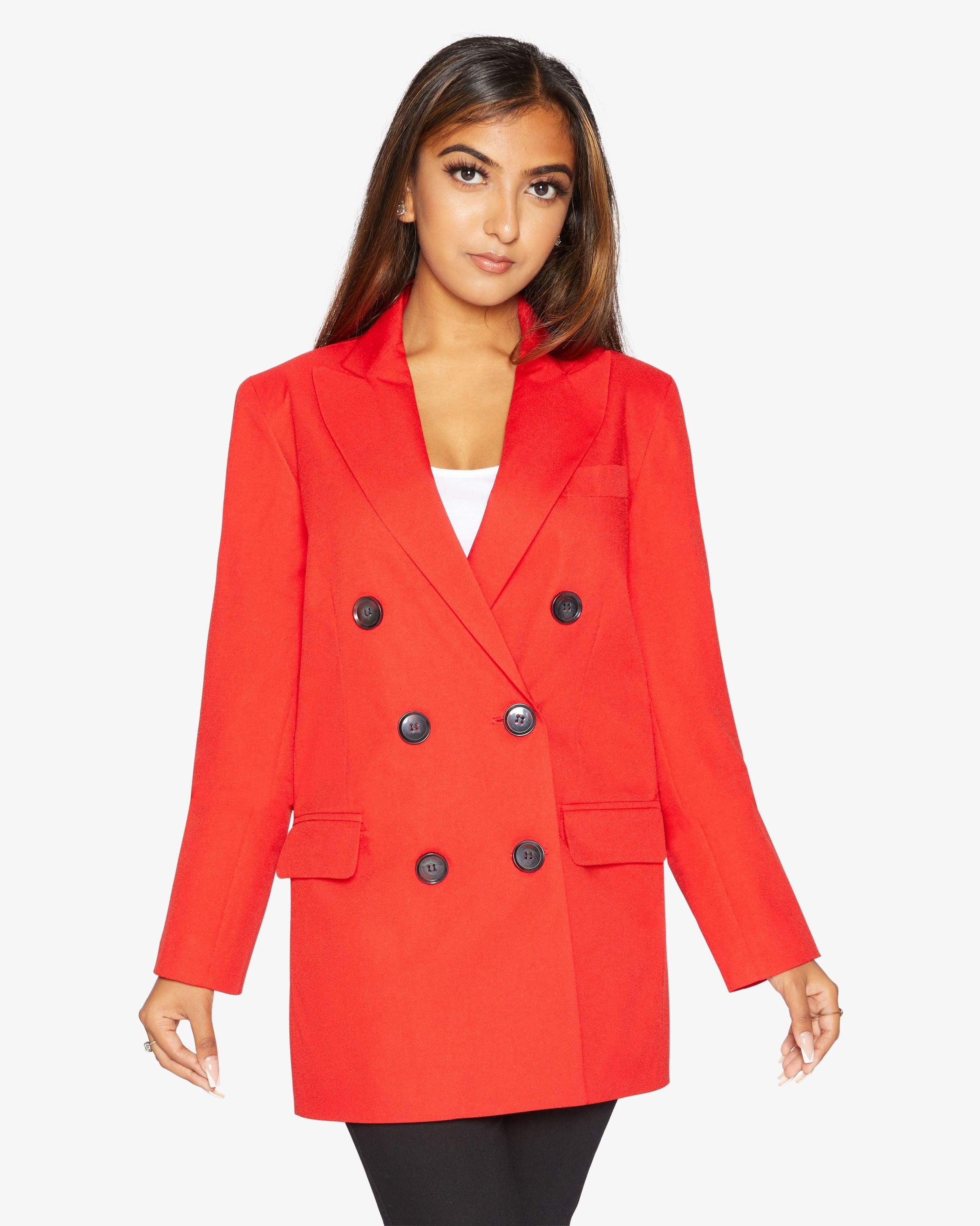 Rose Eleusis Jenna double-breasted blazer in red, tailored jacket with lapels and button details, model wearing stylish outerwear.