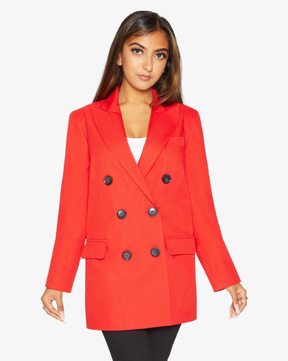 Rose Eleusis Jenna double-breasted blazer in red, tailored jacket with lapels and button details, model wearing stylish outerwear.