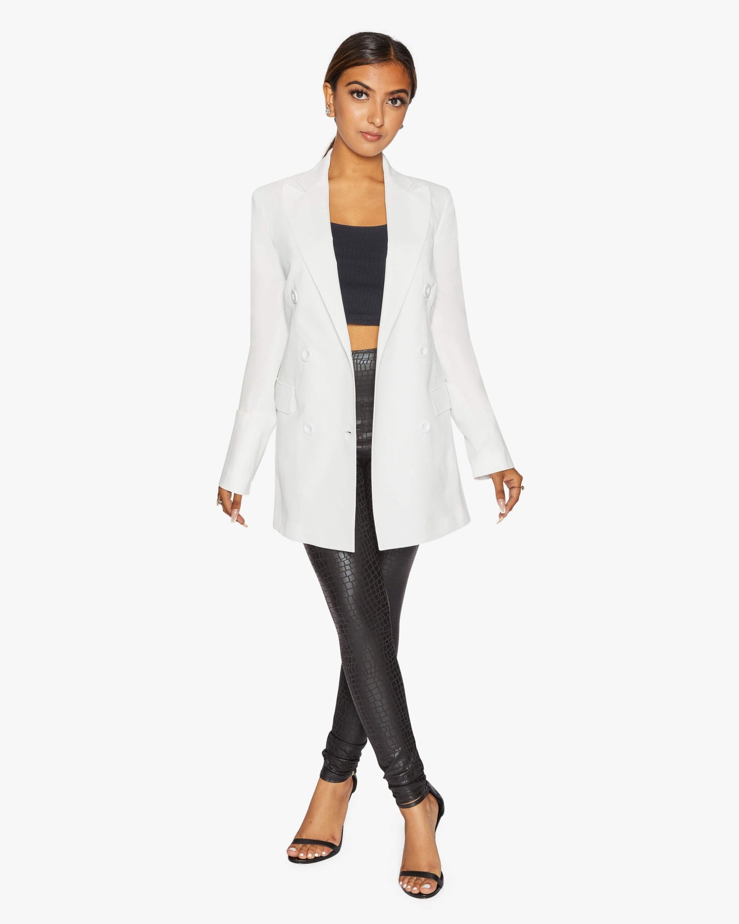 Rose Eleusis Jenna double-breasted blazer in white, tailored jacket with lapels and button details, perfect for professional or casual wear.
