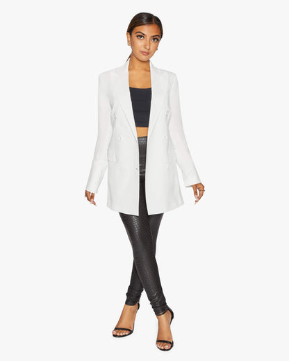 Rose Eleusis Jenna double-breasted blazer in white, tailored jacket with lapels and button details, perfect for professional or casual wear.