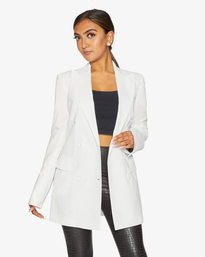 White Jenna double-breasted blazer by Rose Eleusis, tailored jacket with structured lapels and buttons, perfect for a polished look.