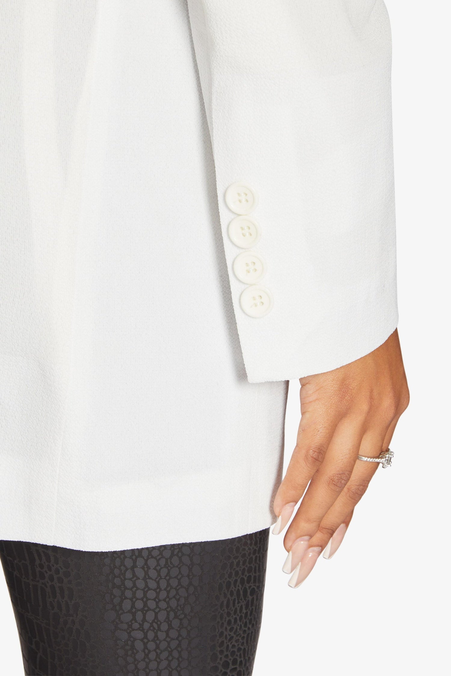 White Jenna double-breasted blazer by Rose Eleusis, tailored jacket with lapels and button details, stylish women&