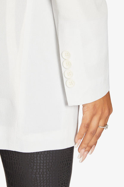 White Jenna double-breasted blazer by Rose Eleusis, tailored jacket with lapels and button details, stylish women&