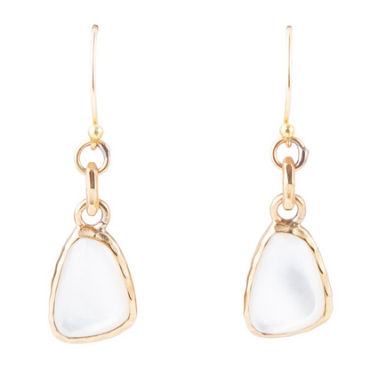 White mother of pearl golden drop earrings from Start2Finish jewelry with elegant, shimmering pearl and gold-toned dangle design.