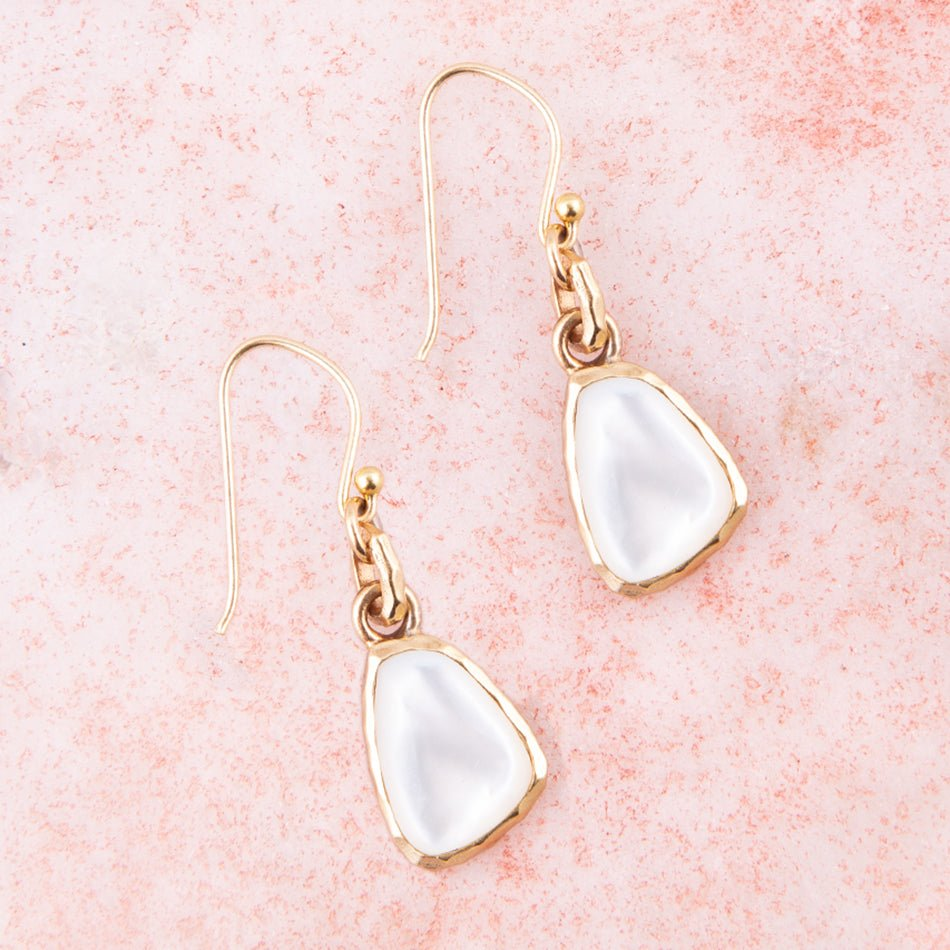 White mother of pearl golden drop earrings, jewelry with elegant pearl and gold-tone design, by Start2Finish.