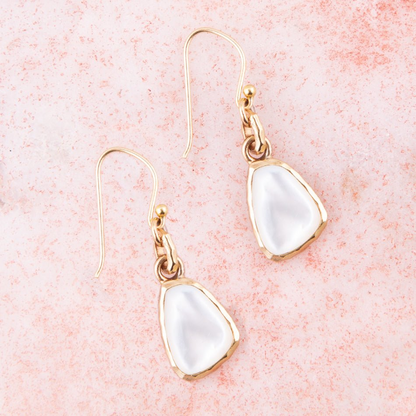 White mother of pearl golden drop earrings, jewelry with elegant pearl and gold-tone design, by Start2Finish.