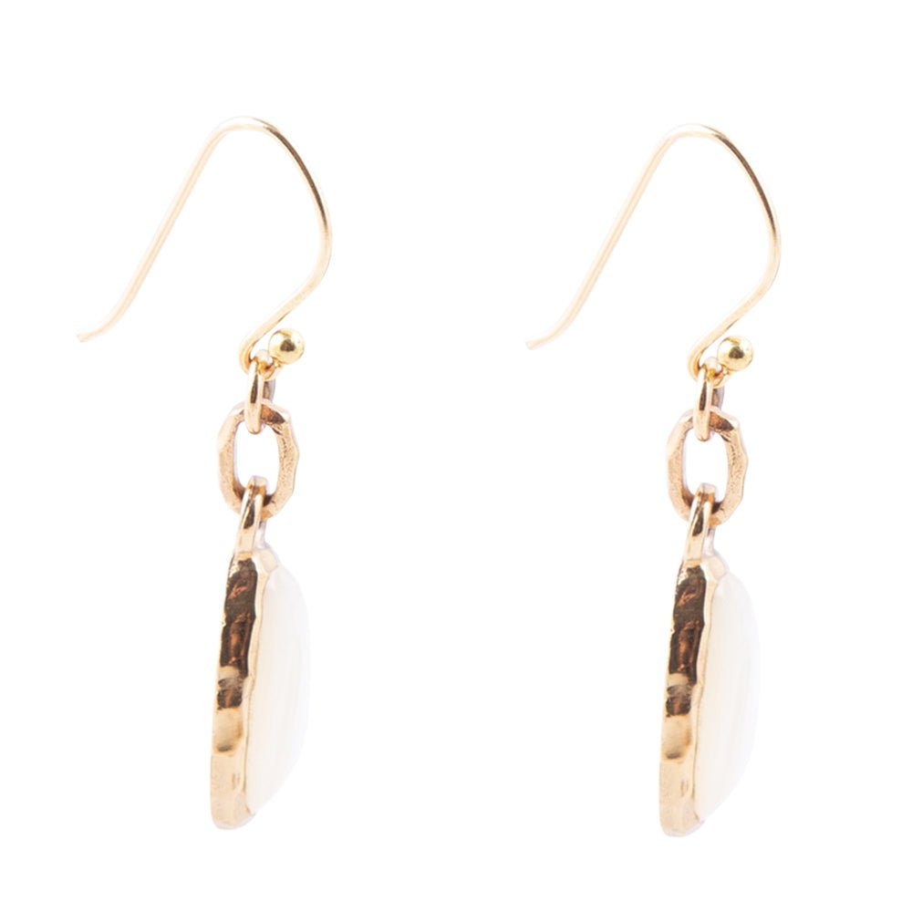 White mother of pearl golden drop earrings in jewelry style featuring elegant pearl and gold-tone design.