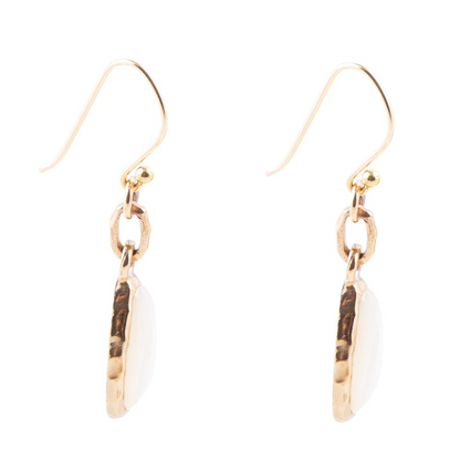 White mother of pearl golden drop earrings in jewelry style featuring elegant pearl and gold-tone design.