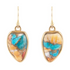 Blue turquoise and orange spiny oyster matrix golden drop earrings in jewelry style, featuring intricate bead and metal details.