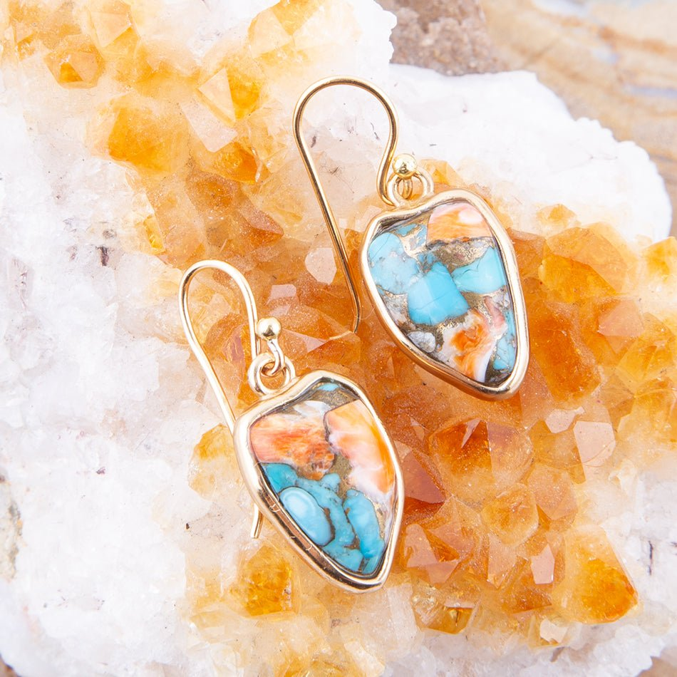 Blue turquoise and orange spiny oyster matrix golden drop earrings, handcrafted jewelry by Start2Finish, featuring vibrant gemstone dangles.