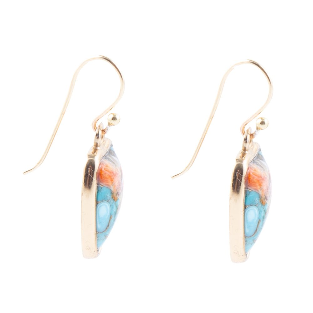 Blue turquoise and orange spiny oyster matrix gold drop earrings in jewelry, featuring vibrant natural stone designs.