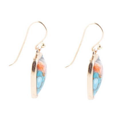 Blue turquoise and orange spiny oyster matrix gold drop earrings in jewelry, featuring vibrant natural stone designs.