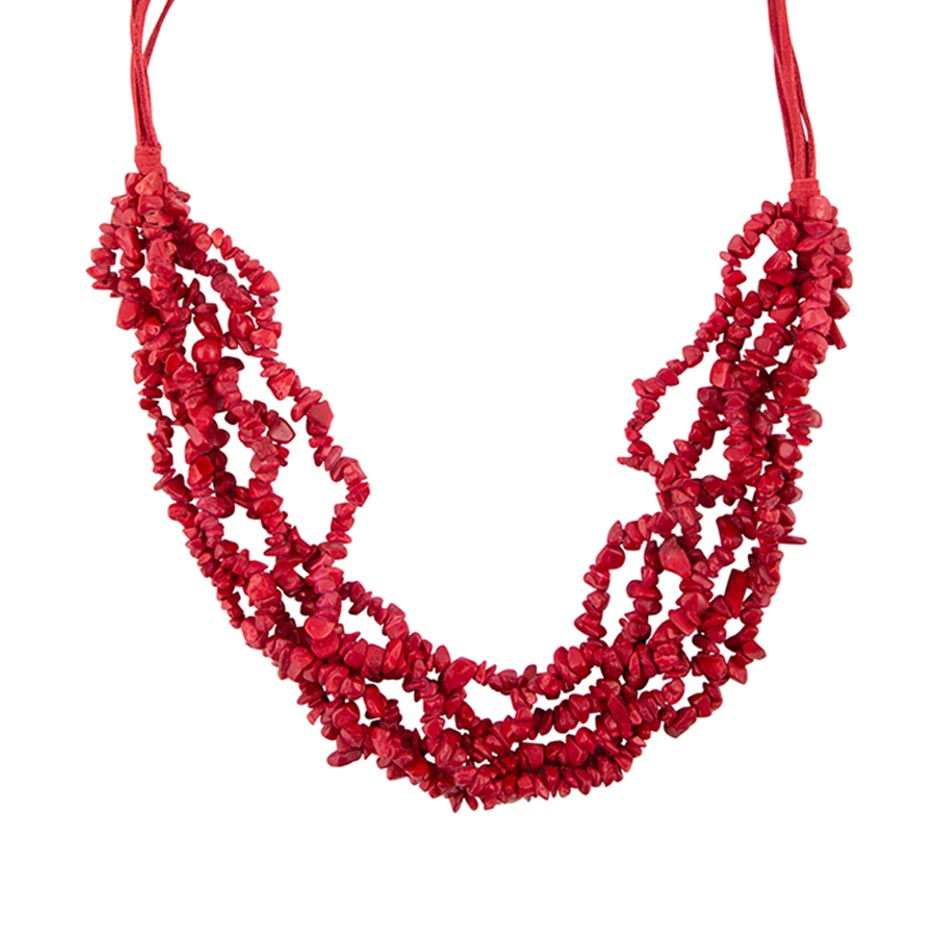 Six strand red magnesite necklace from Start2Finish featuring vibrant red magnesite beads and a stylish layered jewelry design.