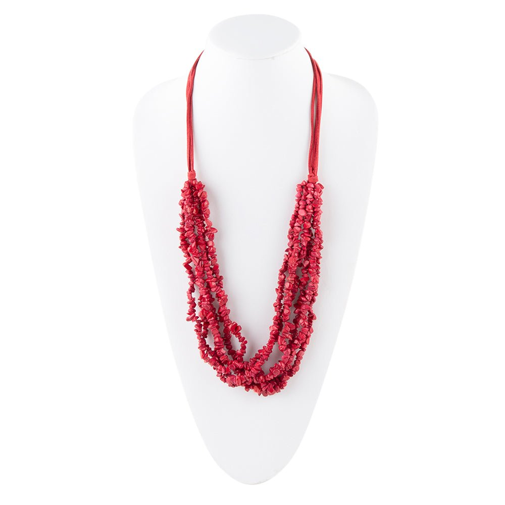 Six strand red magnesite necklace featuring vibrant red magnesite beads and a layered jewelry design.