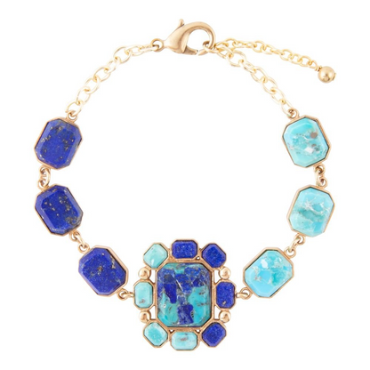 Start2Finish Duality Blue Lapis and Turquoise Golden Bracelet featuring blue lapis, turquoise stones, and gold accents in a jewelry design.